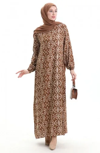 Viskon Kumaş Desenli Elbise 0036-04 Sütlü Kahve
