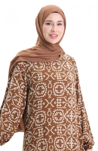 Viskon Kumaş Desenli Elbise 0036-04 Sütlü Kahve