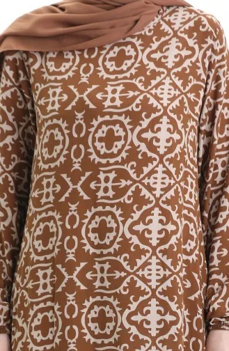Viskon Kumaş Desenli Elbise 0036-04 Sütlü Kahve