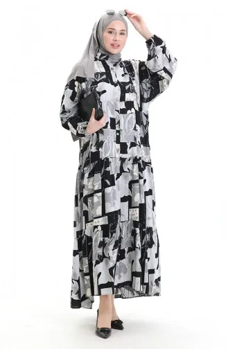 Half Buttoned Patterned Dress 2067-02 Black Gray 2067-02