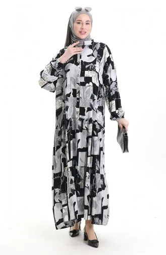 Half Buttoned Patterned Dress 2067-02 Black Gray 2067-02