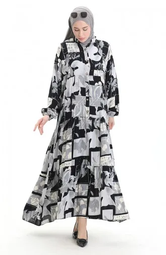 Half Buttoned Patterned Dress 2067-02 Black Gray 2067-02