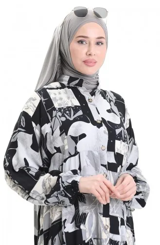 Half Buttoned Patterned Dress 2067-02 Black Gray 2067-02