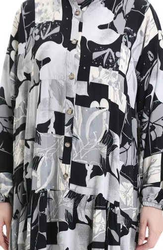 Half Buttoned Patterned Dress 2067-02 Black Gray 2067-02