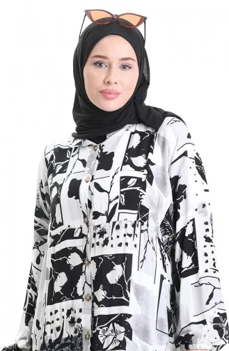 فستان منقوش بأزرار نصفية 2067-03 أبيض أسود 2067-03
