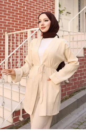 Cep Detaylı Kimono Takım Bej
