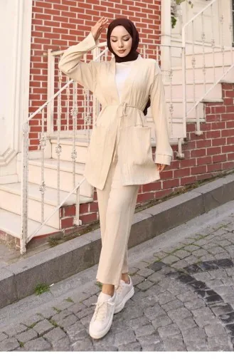 Cep Detaylı Kimono Takım Bej