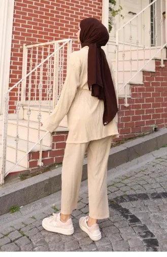 Cep Detaylı Kimono Takım Bej
