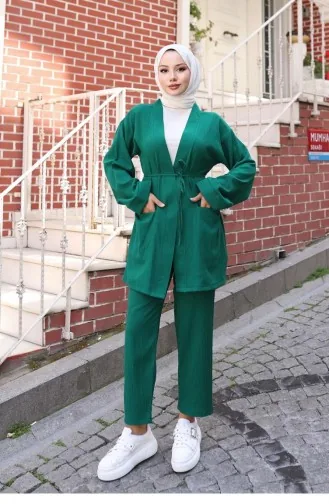 Cep Detaylı Kimono Takım Yeşil