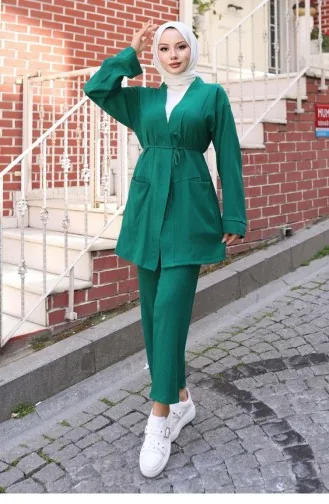 Cep Detaylı Kimono Takım Yeşil