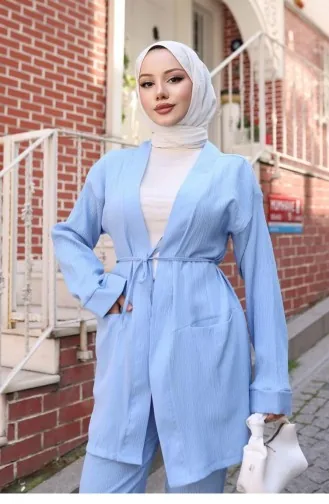 Cep Detaylı Kimono Takım Bebe Mavisi