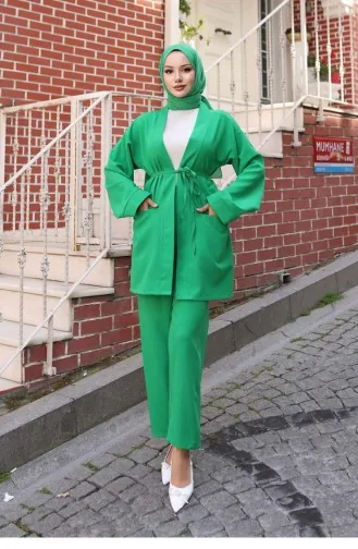 Pocket Detailed Kimono Suit Emerald 736