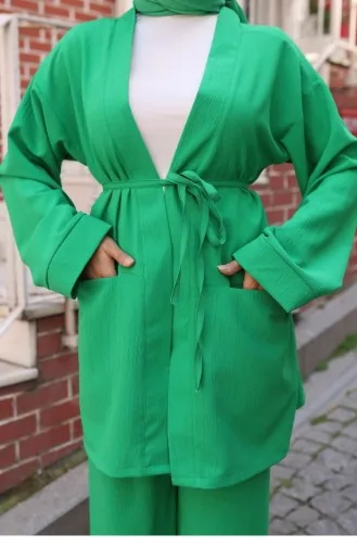 Pocket Detailed Kimono Suit Emerald 736