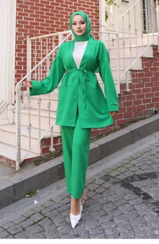 Pocket Detailed Kimono Suit Emerald 736