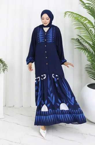 Viskose Stoff Halb Geknöpftes Kleid 0075-02 Marineblau 0075-02