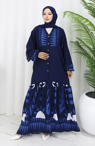 Viskose Stoff Halb Geknöpftes Kleid 0075-02 Marineblau 0075-02