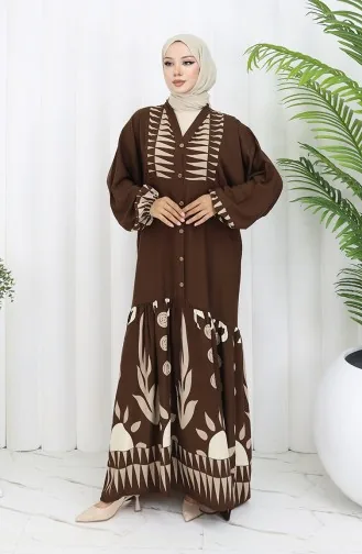 Viskon Kumaş Yarım Düğmeli Elbise 0075-03 Kahverengi
