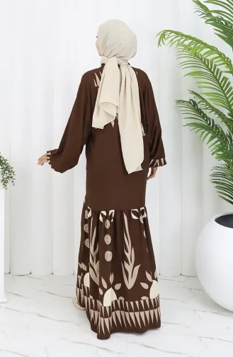 Viskon Kumaş Yarım Düğmeli Elbise 0075-03 Kahverengi