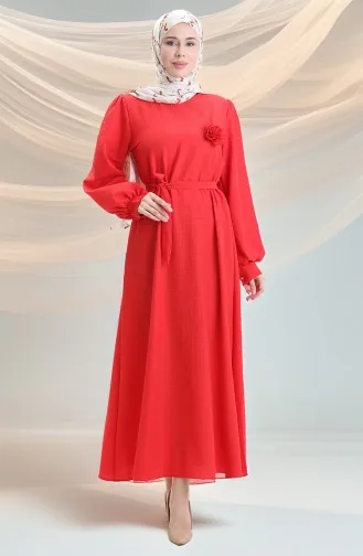 Seersucker Kleid Mit Gürtel 2043-01 Rot 2043-01