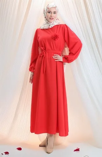 Seersucker Kleid Mit Gürtel 2043-01 Rot 2043-01