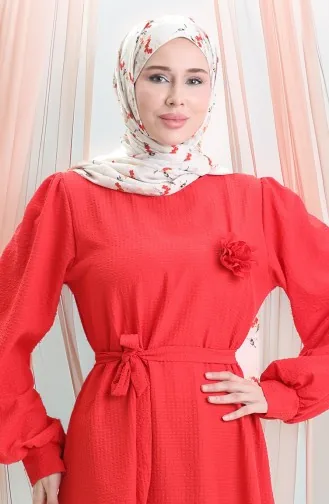 Seersucker Kleid Mit Gürtel 2043-01 Rot 2043-01