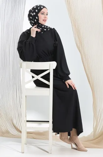 Gofre Kumaş Kuşaklı Elbise 2043-04 Siyah