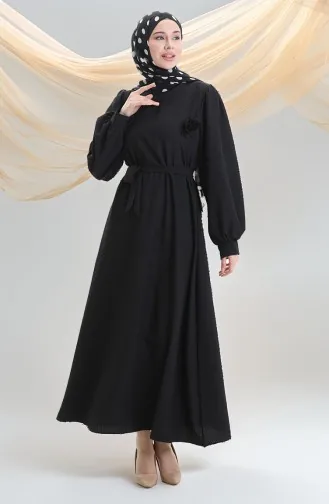 Gofre Kumaş Kuşaklı Elbise 2043-04 Siyah