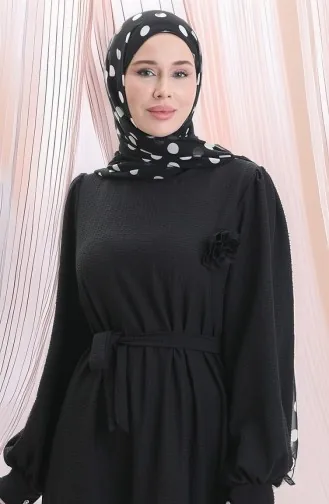 Gofre Kumaş Kuşaklı Elbise 2043-04 Siyah