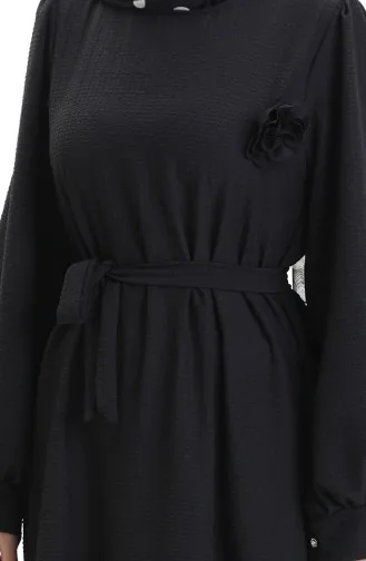 Gofre Kumaş Kuşaklı Elbise 2043-04 Siyah