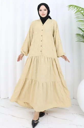 Nakış İşlemeli Yarım Düğmeli Elbise 0059-01 Bej