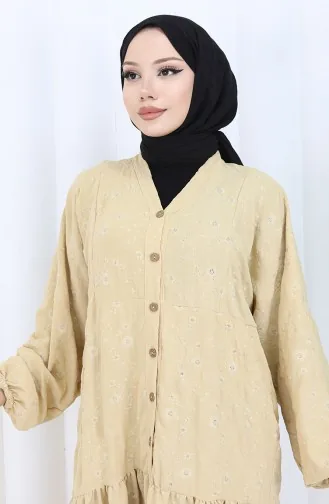 Nakış İşlemeli Yarım Düğmeli Elbise 0059-01 Bej