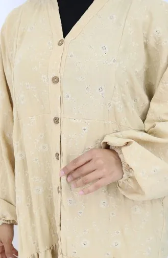 Nakış İşlemeli Yarım Düğmeli Elbise 0059-01 Bej