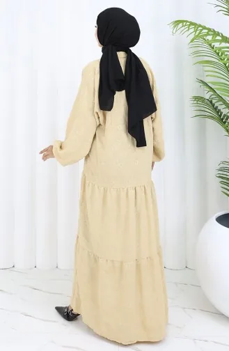 Nakış İşlemeli Yarım Düğmeli Elbise 0059-01 Bej