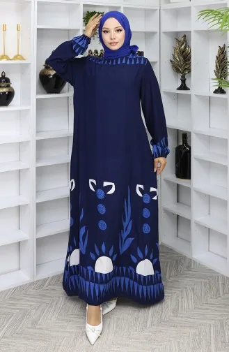 Gemustertes Kleid Mit Elastischen Ärmeln 0084-01 Marineblau 0084-01