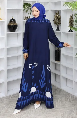 Gemustertes Kleid Mit Elastischen Ärmeln 0084-01 Marineblau 0084-01