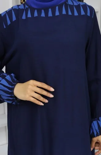 Gemustertes Kleid Mit Elastischen Ärmeln 0084-01 Marineblau 0084-01