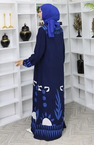 Gemustertes Kleid Mit Elastischen Ärmeln 0084-01 Marineblau 0084-01