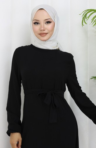 Eteği Fırfırlı Kuşaklı Elbise 4103-01 Siyah