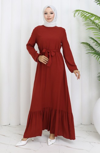 Eteği Fırfırlı Kuşaklı Elbise 4103-02 Kırmızı