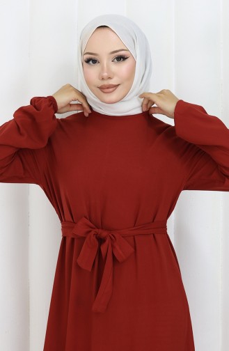 Eteği Fırfırlı Kuşaklı Elbise 4103-02 Kırmızı