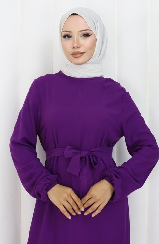 Eteği Fırfırlı Kuşaklı Elbise 4103-08 Mor