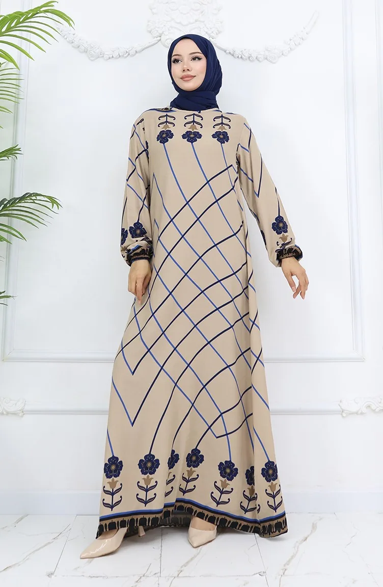 Viscose Fabric Elastic Sleeve End Dress 0030-01 Milk Coffee Navy Blue 0030-01
