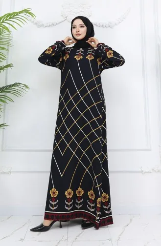 Viscose Stof Elastische Mouw Jurk 0030-02 Zwart Mosterd 0030-02