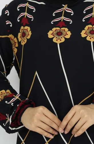 Viscose Stof Elastische Mouw Jurk 0030-02 Zwart Mosterd 0030-02