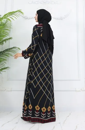 Viscose Stof Elastische Mouw Jurk 0030-02 Zwart Mosterd 0030-02