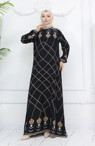 Viscose Stof Elastische Mouw Jurk 0030-03 Zwart Nerts 0030-03