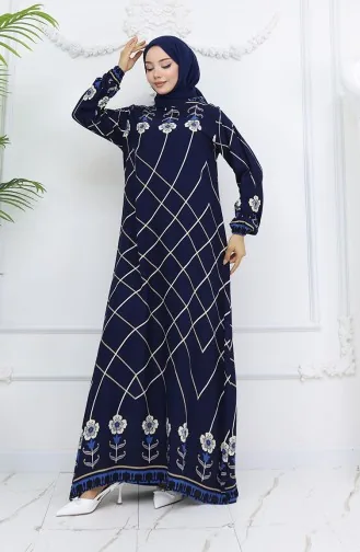 Viscose Stof Elastische Mouw Jurk 0030-05 Marineblauw 0030-05