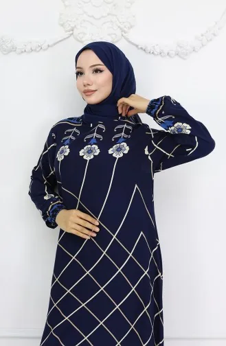 Viscose Stof Elastische Mouw Jurk 0030-05 Marineblauw 0030-05