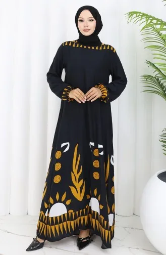 Kolu lastikli Desenli Elbise 0084-02 Siyah