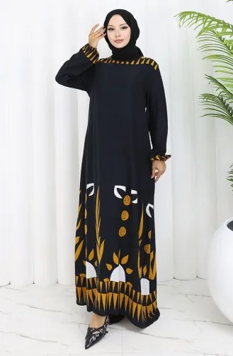 Kolu lastikli Desenli Elbise 0084-02 Siyah